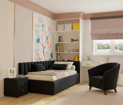 Изображение товара Кровать-тахта Milena 90х200 односпальная темная подъемная, мягкая спинка из велюра, с ортопедическими ламелями, с ящиком для хранения