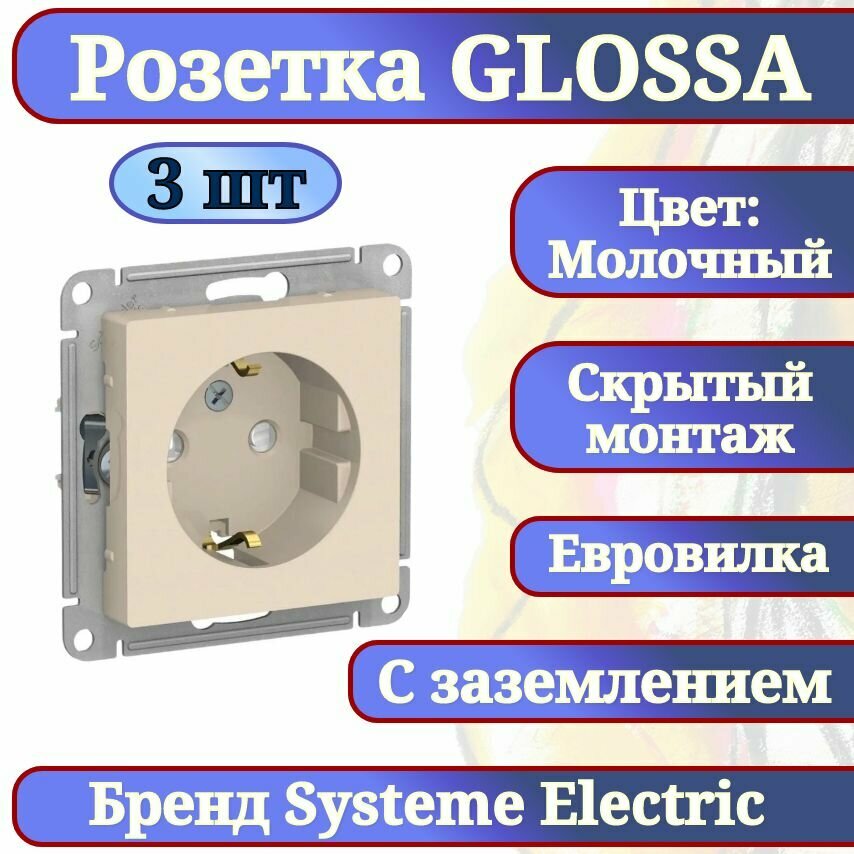 Розетка с заземлением, Молочный, 3шт Schneider Electric Glossa GSL000943