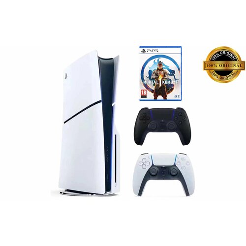 Игровая приставка Sony PlayStation 5 Slim, с дисководом, 1 ТБ, два геймпада (белый и черный), Mortal Kombat 1