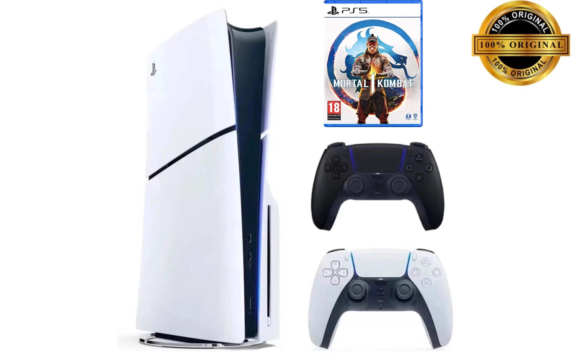 Игровая приставка Sony PlayStation 5 Slim, с дисководом, 1 ТБ, два геймпада (белый и черный), Mortal Kombat 1