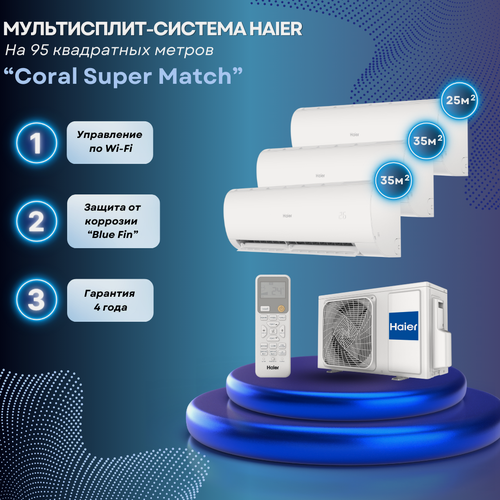 Изображение товара Мультисплит-система Haier Coral Super Match 2 x AS35PS1HRA-M + AS25PS1HRA-M / 5U90S2SS5FA на 3 комнаты 35+35+25 м²