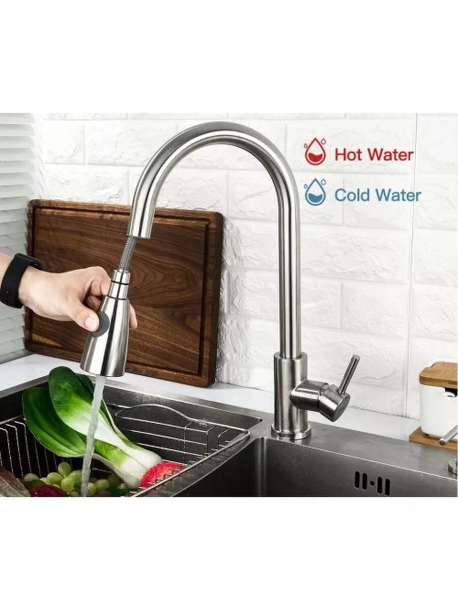 Смеситель Frap F60899-1, для кухни, с выдвижной лейкой, нержавеющая сталь, сатин — фото 1