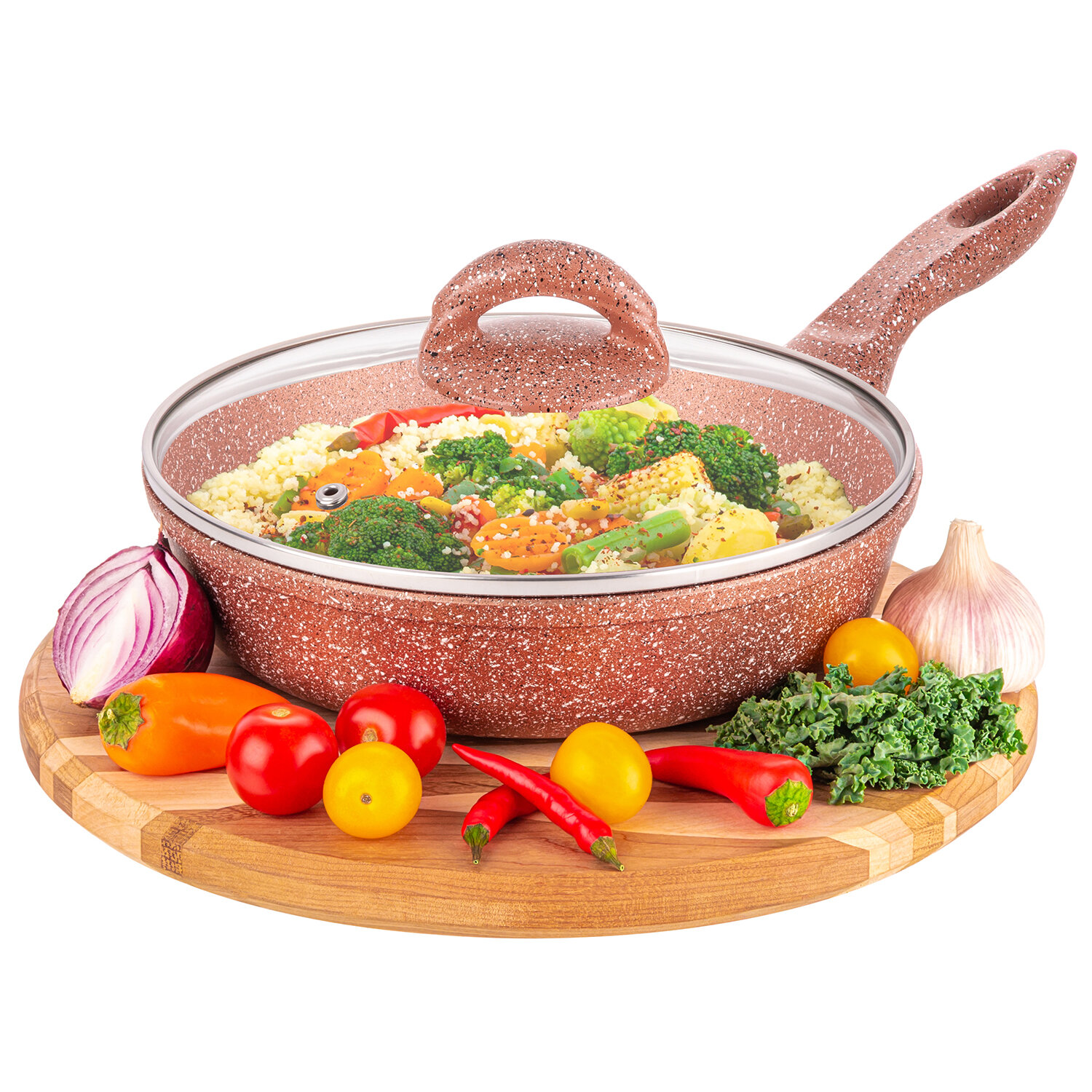 Сковорода глубокая 22 см Elan Gallery гармония вкуса Бронза с крышкой D22, с несъёмной ручкой — фото 1