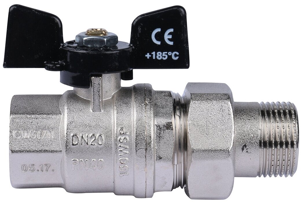 Кран шаровый Bugatti Oregon 03220 Ду 20 (3/4") муфтовый (ВР/НР) латунь, с накидной гайкой 9.6 см. 1 шт — фото 1