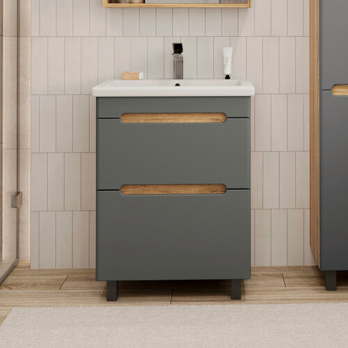 Изображение товара Тумба напольная SanStar Diva 50 с раковиной Como 50 (комплект) для ванной комнаты Дуб вотан, графит софт