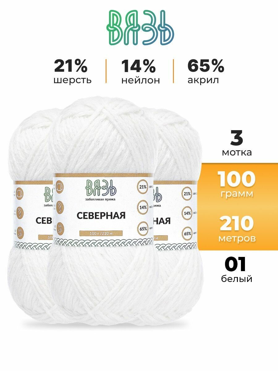 Пряжа для вязания Вязь 'Северная' 100г, 210м (21% шерсть, 14% нейлон, 65% акрил) (01 белый), 3 мотка