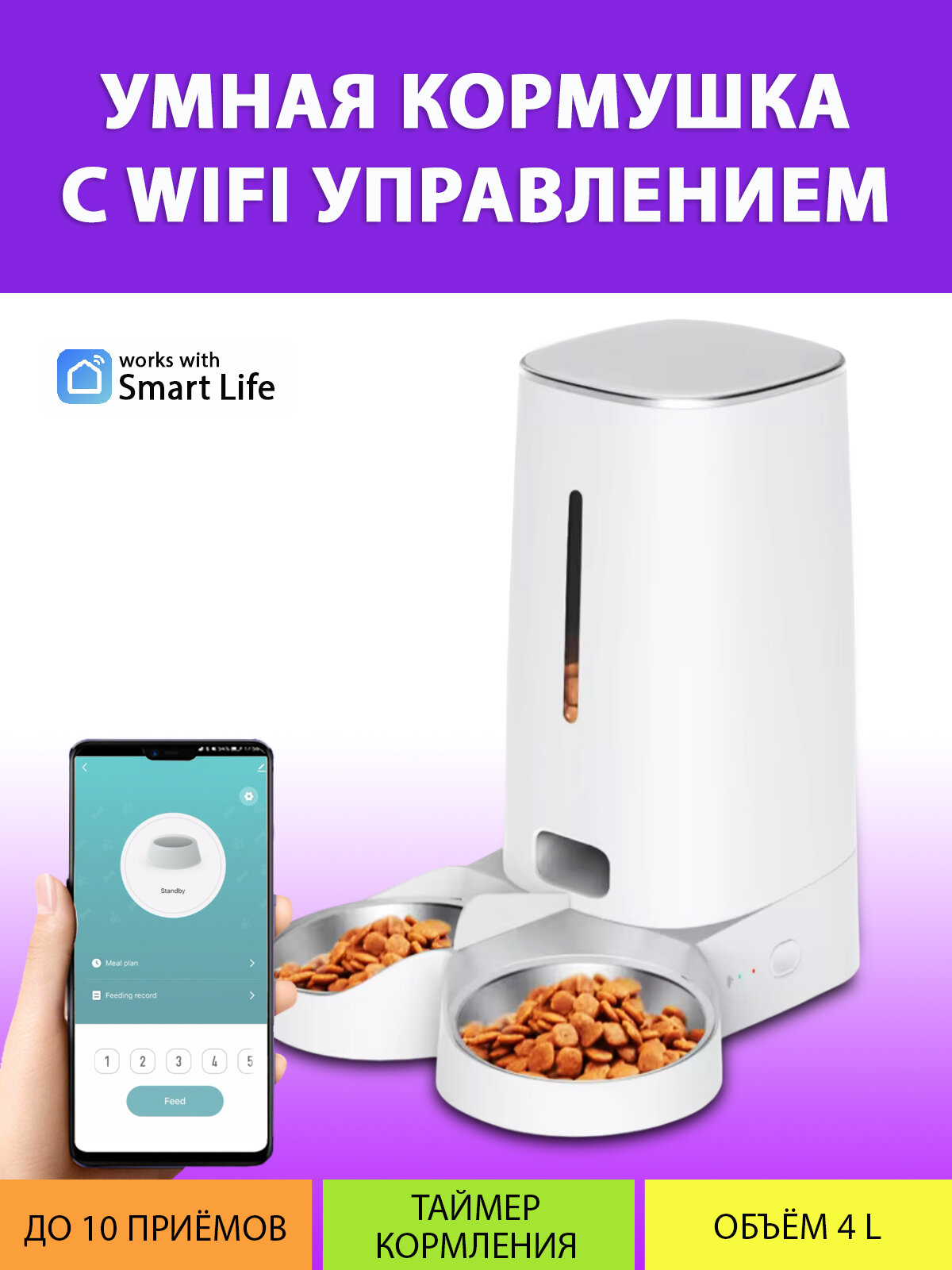 Автоматическая кормушка для кошек с WiFi управлением (Две миски) на 4 литра, с таймером кормления IPETMON/ROJECO/SMART LIFE от MY PET`S GADGETS