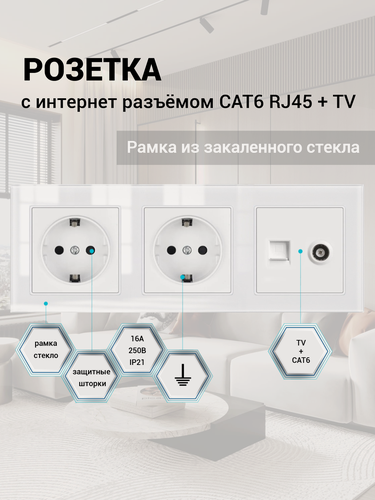 Изображение товара Розетка ТВ и интернет 3 поста, антенна ТВ/компьютер RJ-45 CAT6, рамка закаленное стекло 224*82*8 мм, цвет белый