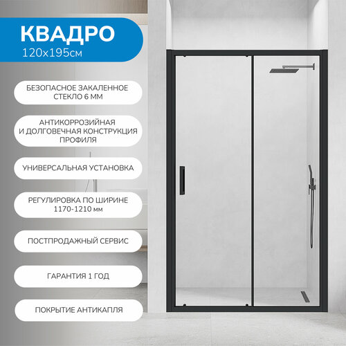 Душевая дверь в нишу 170х195 см Квадро стекло прозрачное профиль черный покрытие Антикапля Easy Clean 30800₽