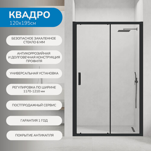 Изображение товара Душевая дверь в нишу 120х195 см. Квадро стекло прозрачное, профиль черный, покрытие Антикапля (Easy Clean)