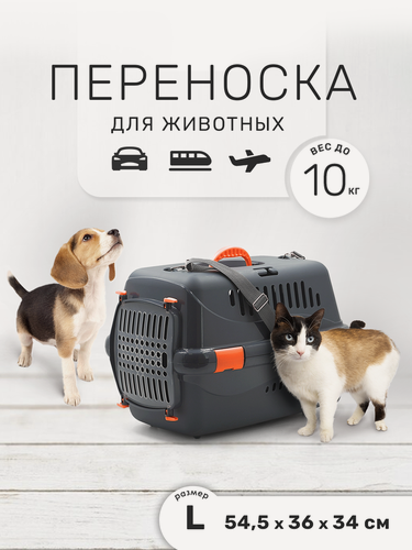 Изображение товара Пластиковая клиппер-переноска для кошек и собак ZOOSET, 54,5х36х34 см, с плечевым ремнем, серая/оранжевая