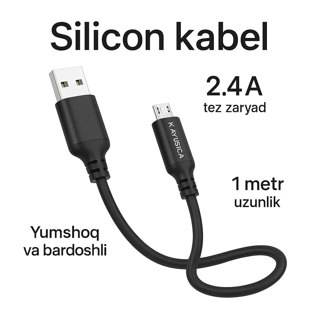 Кабель Kakusiga, силиконовый, USB-Micro 2.0, 2.4А, 1м, чёрный