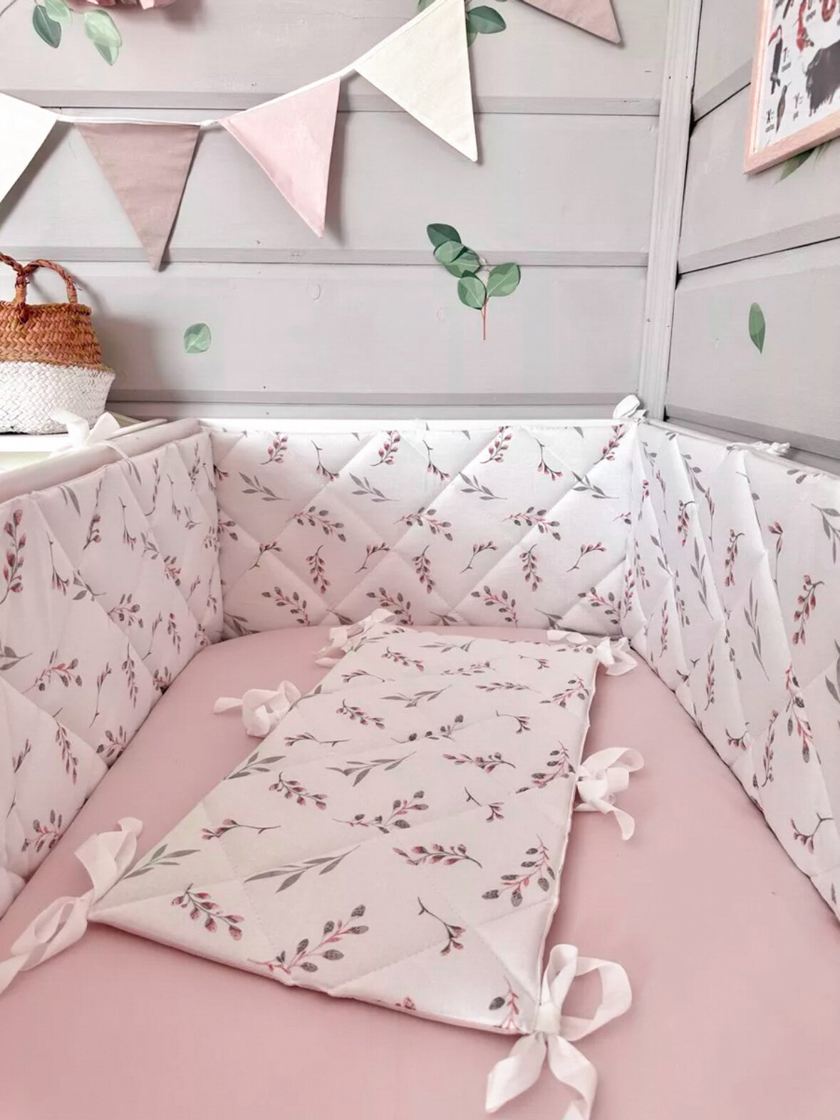 Бортики в кроватку для новорождённых верба пудра 100% хлопок 60х30 см - 2 шт 120х30 см - 2 шт MamiBro