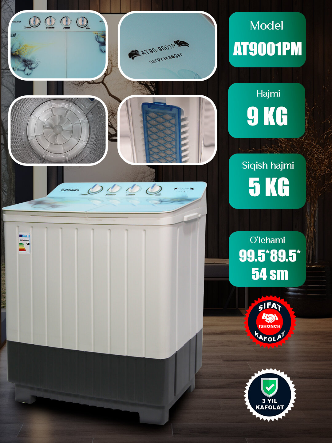 Стиральная машина AVANGARD, полуавтомат AT90-9001P, загрузка до 9 кг
