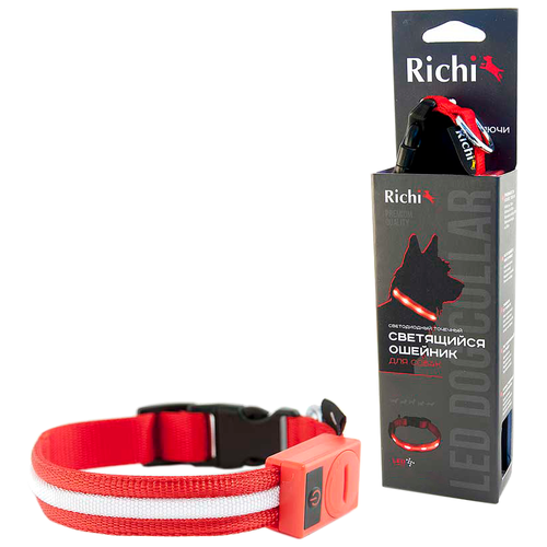 Для ежедневного использования ошейник Richi Led нейлоновый L, обхват шеи 45-48 см, красный, L
