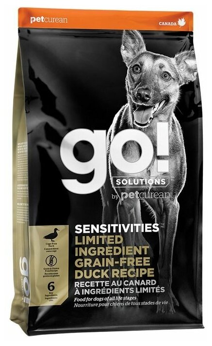 GO! Natural Holistic Корм GO! беззерновой для щенков и собак с цельной уткой для чувствительного пищеварения, Sensitivity + Shine Duck Dog Recipe, Grain Free, Potato Free, 1.59 кг