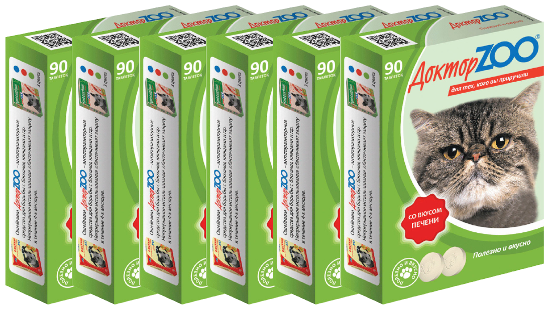 Кормовая добавка Доктор ZOO для кошек Со вкусом печени и биотином , 90 таб. х 6 уп.