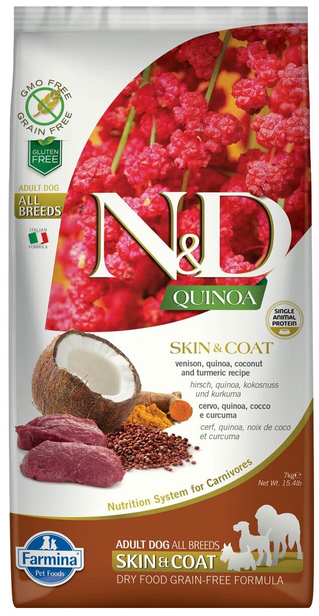 Farmina N&D Quinoa Dog Grain Free Skin & Coat сухой беззерновой корм для взрослых собак для кожи и шерсти с олениной и киноа - 7 кг