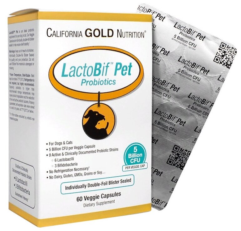 California Gold Nutrition LactoBif Pet Probiotics, 130 г, 60шт. в уп.
