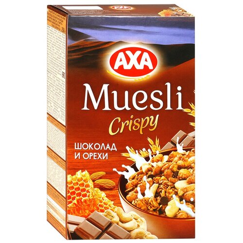 фото Мюсли axa muesli crispy хрустящие медовые хлопья и шарики с шоколадом и орехами, коробка, 250 г