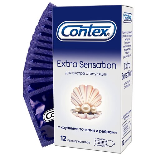 Купить Contex Extra Sensation Презервативы с крупными точками и ребрами для экстра стимуляции обоих партнеров, 12 шт, бесцветный, натуральный латекс