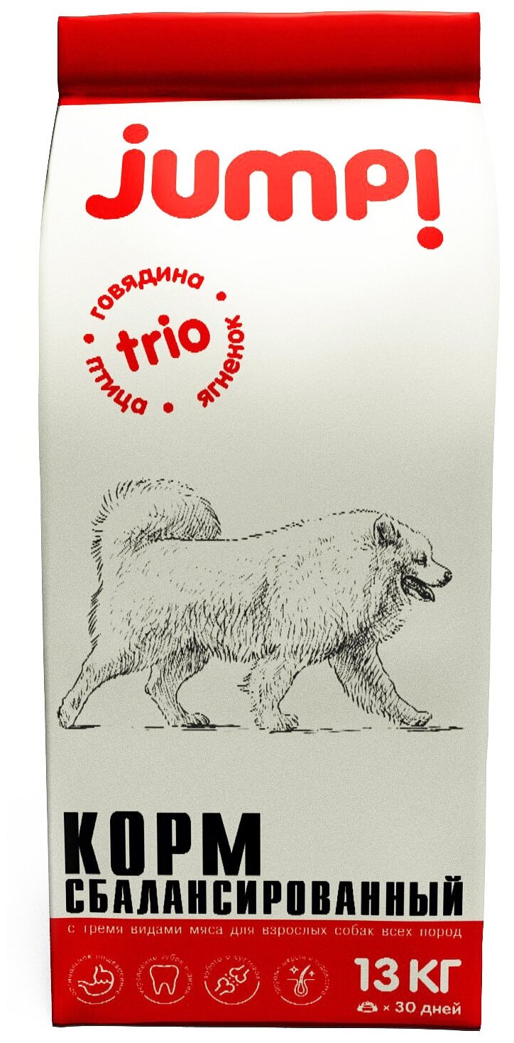 JUMP TRIO для взрослых собак всех пород с ягненком, говядиной и птицей (13 кг)