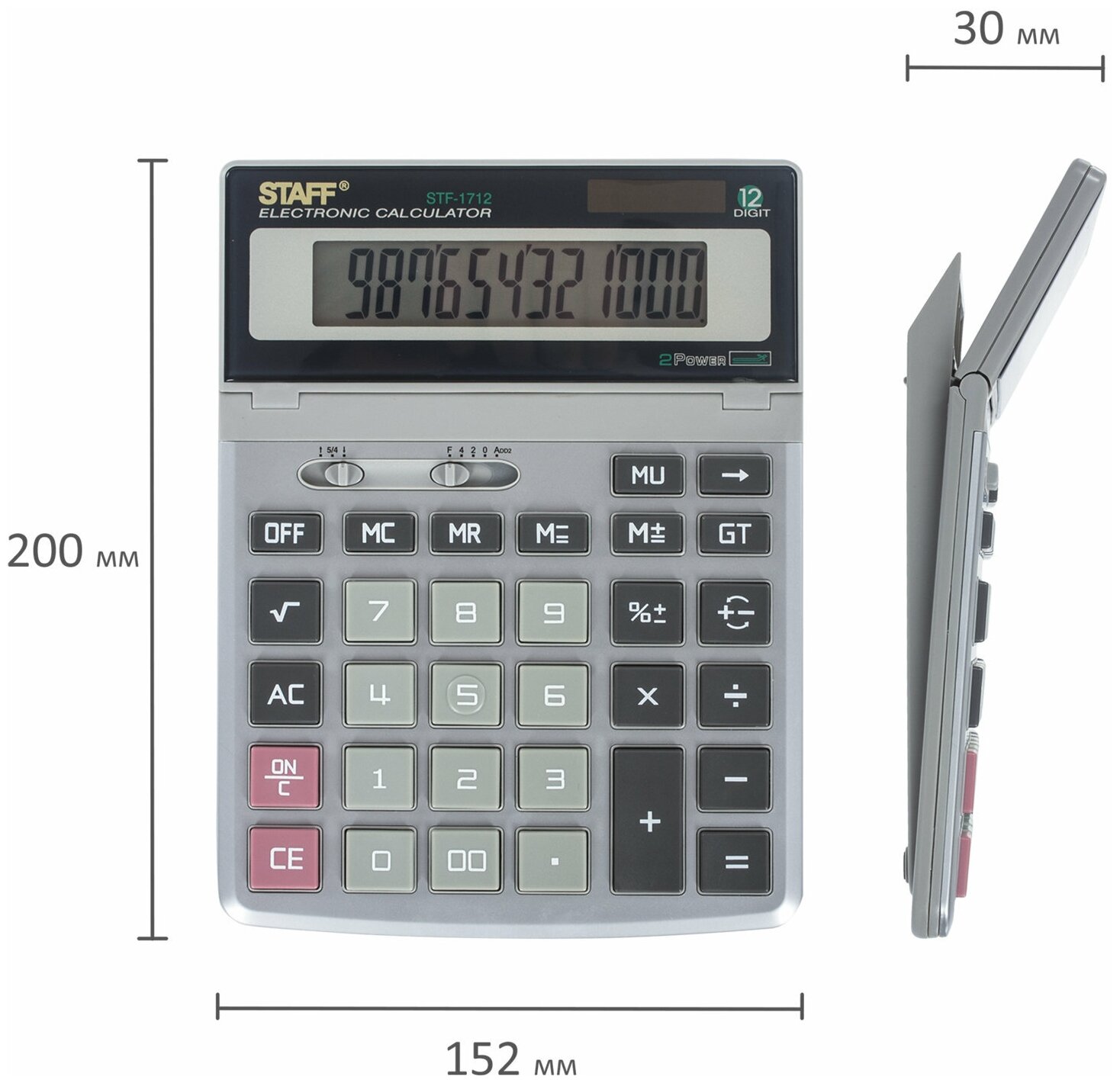 Калькулятор настольный металлический STAFF STF-1712 (200х152 мм), 12 разрядов, двойное питание, 250121 - фото №6