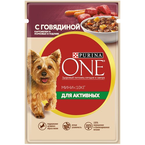 Влажный корм для собак Purina ONE для активных животных, говядина, с картофелем и морковью в подливе 1 уп. х 26 шт. х 100 г