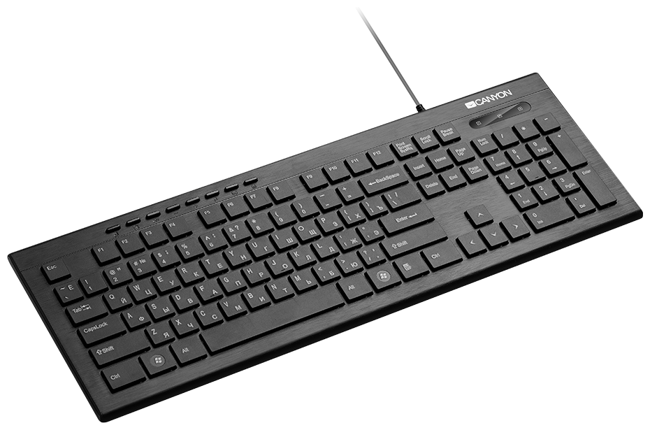 Клавиатура CANYON CNS-HKB2-RU, ультратонкая, Кл:104+8М, черный, покрытие устойчиво к отпечаткам пальцев, декоративная LED-подсветка