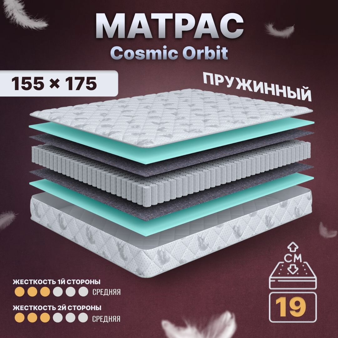 Матрас с независимыми пружинами 155х175, для кровати, Cosmic Orbit анатомический, 19 см, двуспальный, средней жесткости