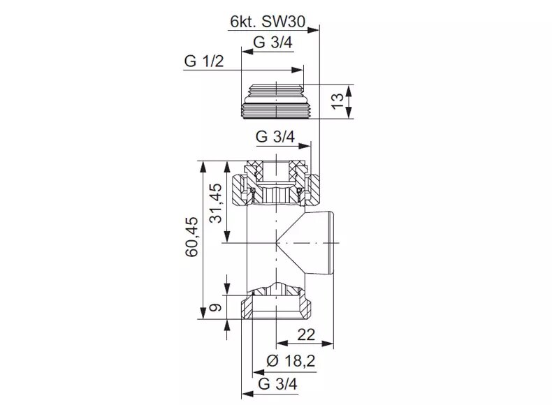 Вентиль запорный прямой Designtechnik 3/4НРx1/2НР для радиаторов и полотенцесушителей
