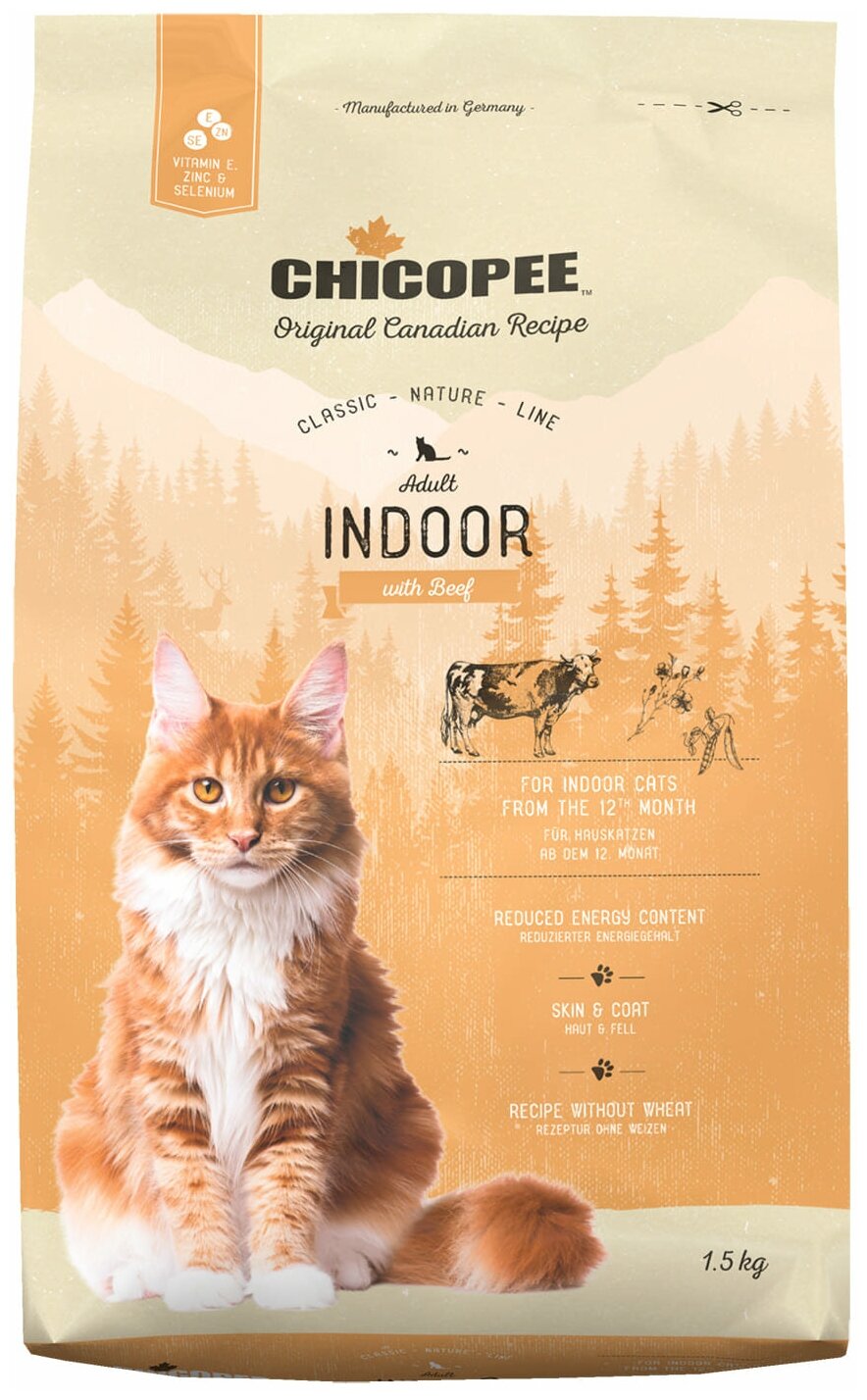 CHICOPEE CLASSIC NATURE LINE CAT ADULT INDOOR для взрослых кошек живущих дома с говядиной (1,5 кг)