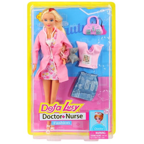 фото Кукла детская для девочек "defa" "ветеринар", кукла, домашний питомец, 3 аксессуара, розовый костюм, 20*5.5*32.5 см