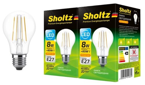 Комплект из 2 светодиодных энергосберегающих филаментных ламп Sholtz груша A60 8Вт E27 2700К 220В стекло (Шольц) FOB5106D