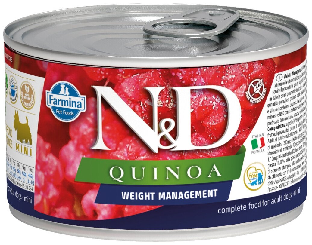 Farmina N&D Quinoa Dog Weight Management Mini влажный беззерновой корм для взрослых собак мелких пород для контроля веса с киноа и ягненком - 140 г (6 шт в уп)