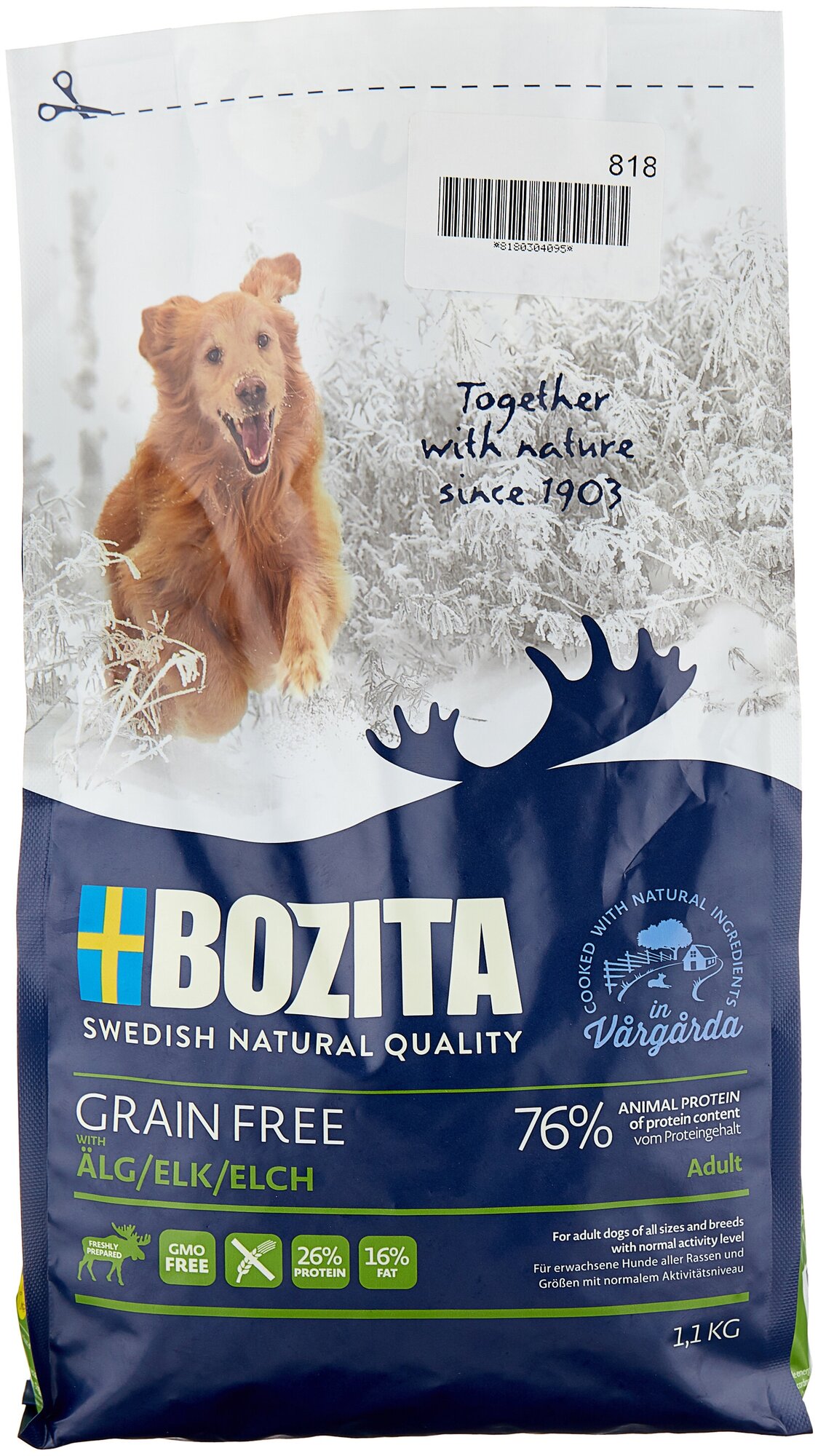 Сухой корм BOZITA GRAIN FREE для собак GRAIN FREE Elk 26/16 1,1 кг беззерновойс норм.уровнем активности с лосем