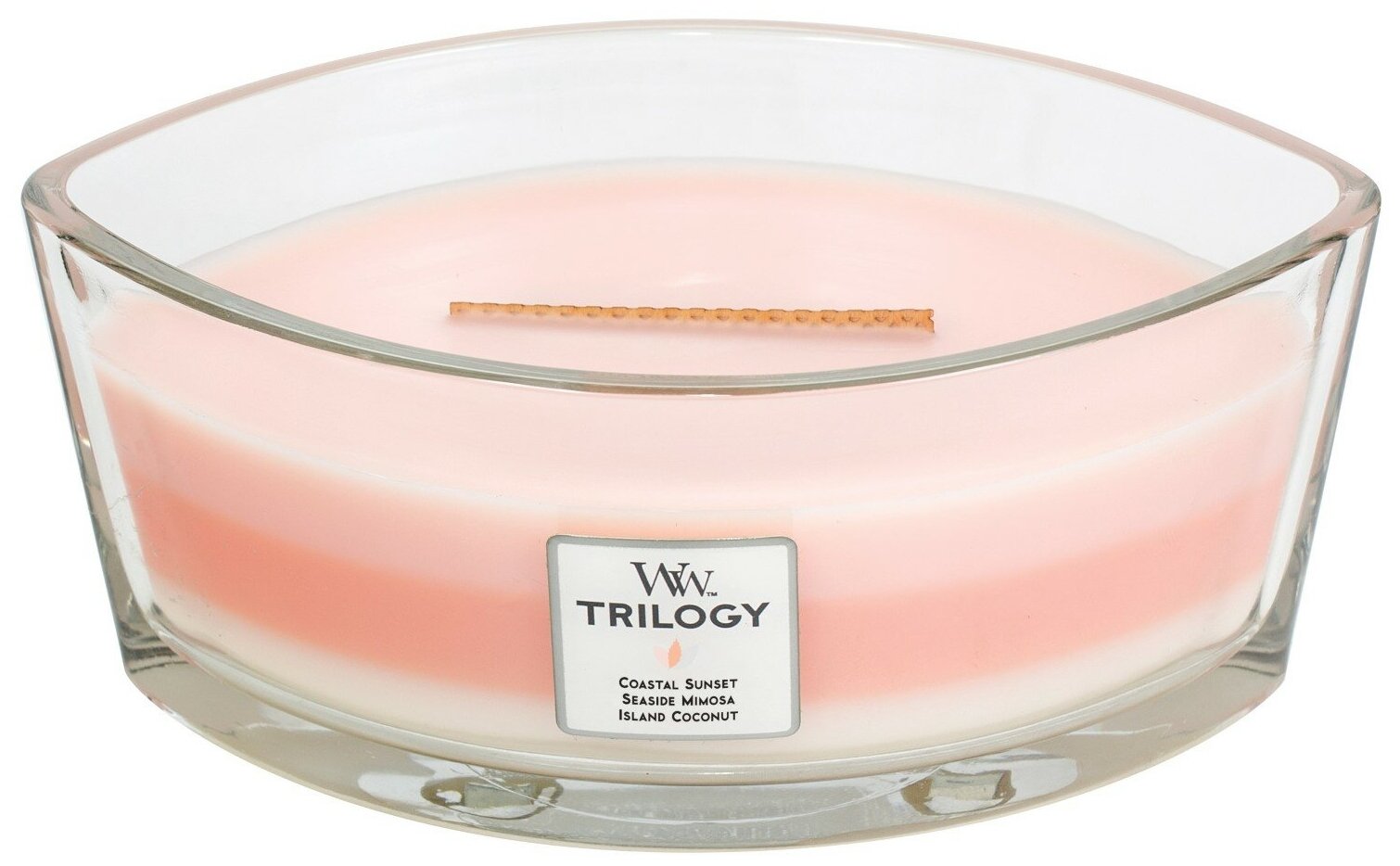 Свеча WoodWick Trilogy Island Getaway (Coastal Sunset, Seaside Mimosa, Island Coconut) (76967), эллипс розовый/белый