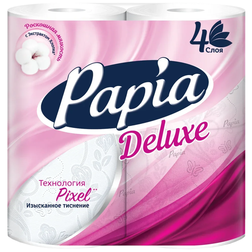 Купить Papia Deluxe Туалетная бумага белая 4 слоя 8 шт, белый, первичная целлюлоза, Туалетная бумага и полотенца