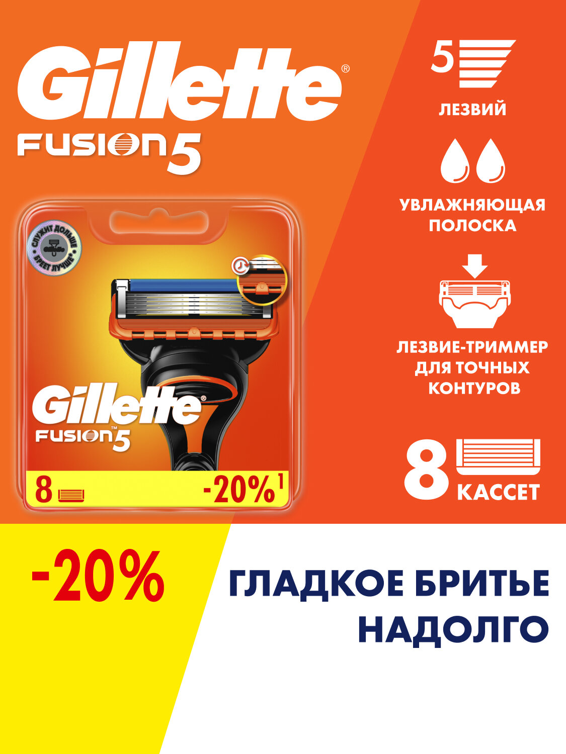 GILLETTE Fusion 5 Сменные кассеты для бритья с 5 лезвиями, мужские, 8 шт
