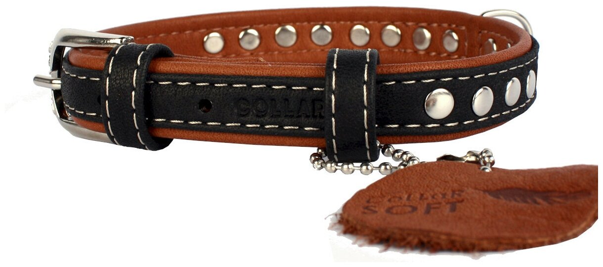 Collar ошейник кожаный Waudog Soft с металлическим украшением 27-36 см., Черный - фотография № 2