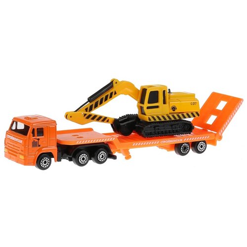 фото Набор техники технопарк камаз автотранспортер с экскаватором (sb-15-04-6-wb) 1:72 оранжевый/желтый