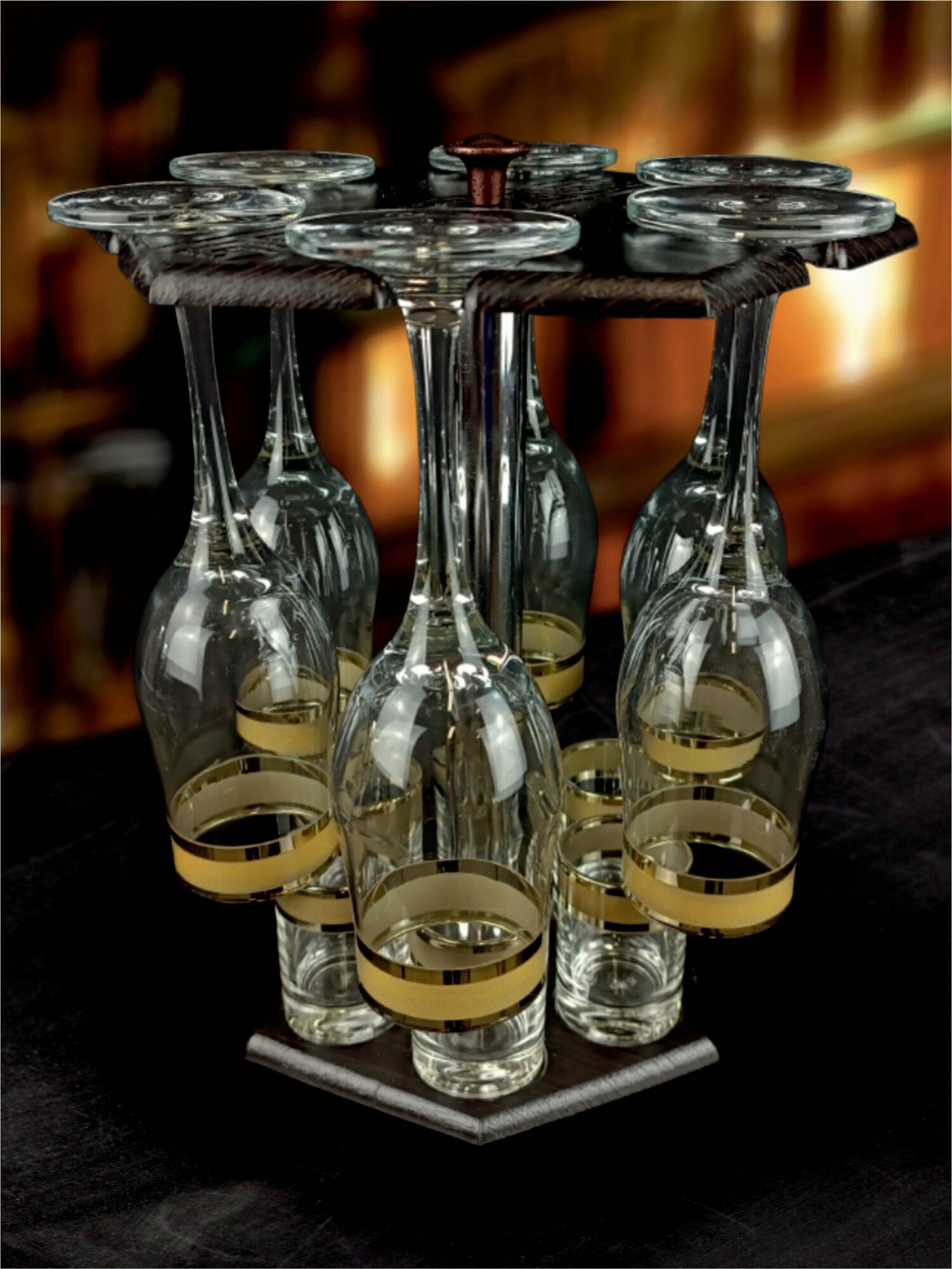 Подарочный набор с барной стойкой 12 предметов с алмазной гравировкой PROMSIZ Ампир/Бокалы для шампанского 200 мл 6 шт/Стопки для водки 60 мл 6 шт.