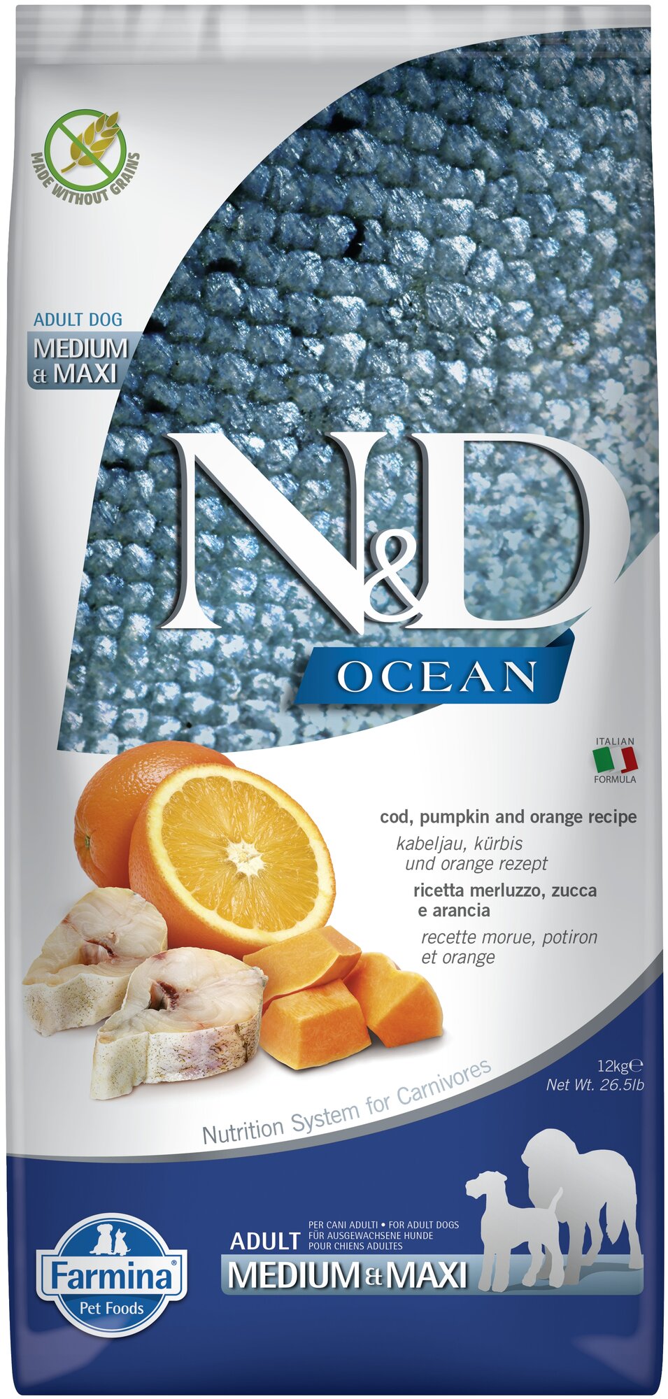 Сухой корм для собак Farmina N&D Ocean беззерновой треска с тыквой c апельсином (для средних и крупных пород)