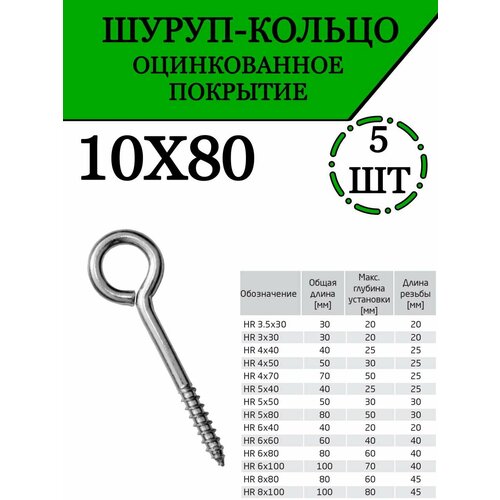 Саморез, шуруп кольцо оцинкованный, 10х80 мм, 5 шт.