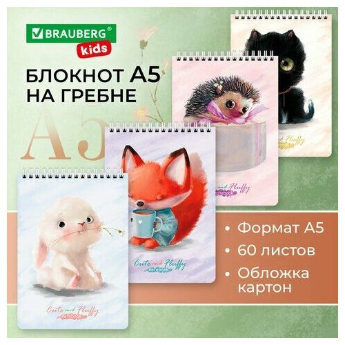 Блокнот А5 (146х206 мм), 60 л, гребень, картон, клетка, BRAUBERG KIDS, 
