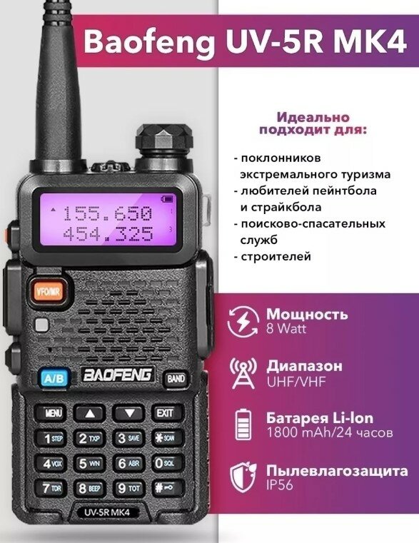 Рация Baofeng UV-5R MK4 8W, Li-ion 1800 мАч UHF/VHF, + Ремешок для рации Mirkit — фото 8
