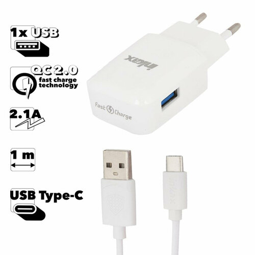 Блок питания (сетевой адаптер) inkax CD-24 Chic 1хUSB QC 2.0 2.1А с кабелем Type-C 1м (белый)