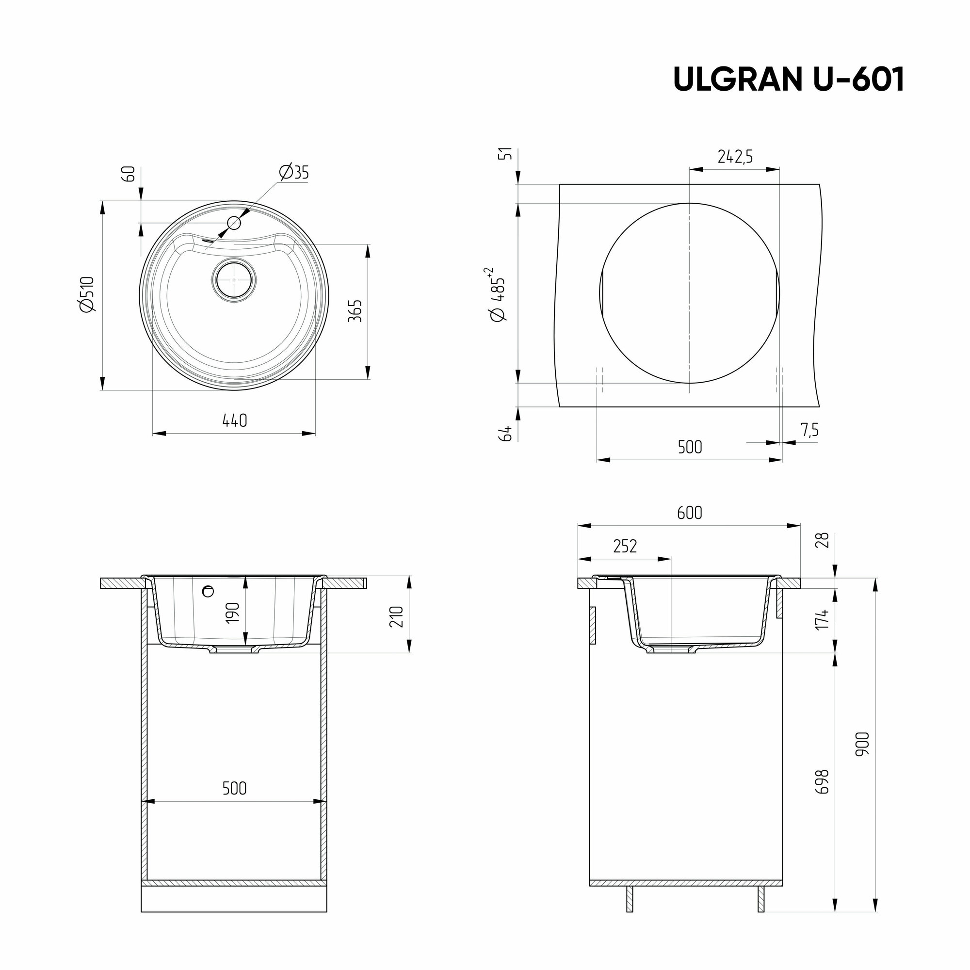 Мойка кухонная Ulgran U-601 -343 антрацит - фото №3