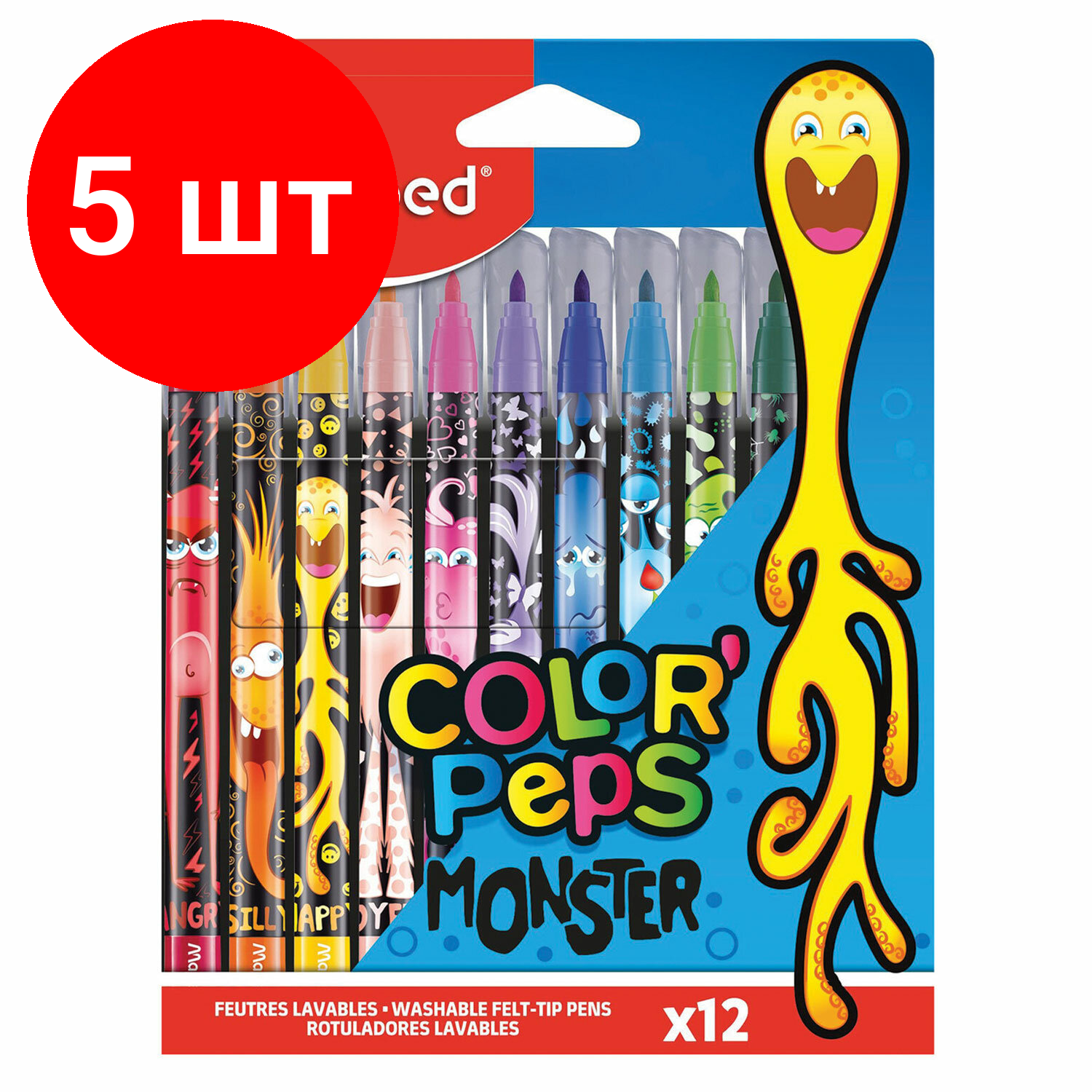 Комплект 5 шт, Фломастеры MAPED COLOR PEP'S Monster, 12 цветов, смываемые, вентилируемый колпачок, 845400