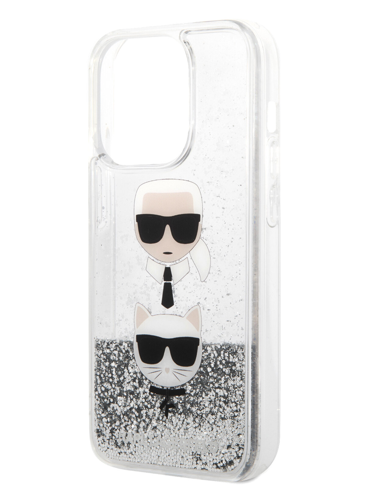 Lagerfeld для iPhone 14 Pro чехол Liquid Glitter Karl & Choupette heads Hard Silver